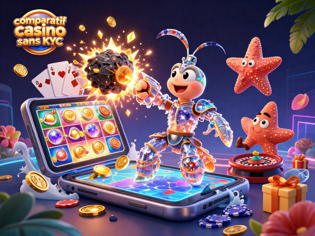 Comparatif casino sans KYC : découvrez une scène dynamique de jeu avec des personnages animés et des éléments de casino.
