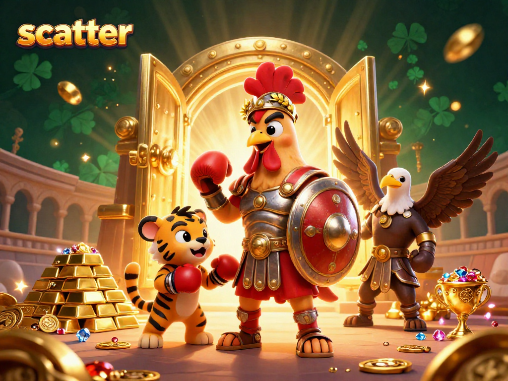 Engage with scatter symbols in a vibrant gambling scene featuring a 3D cartoon rooster and tiger.