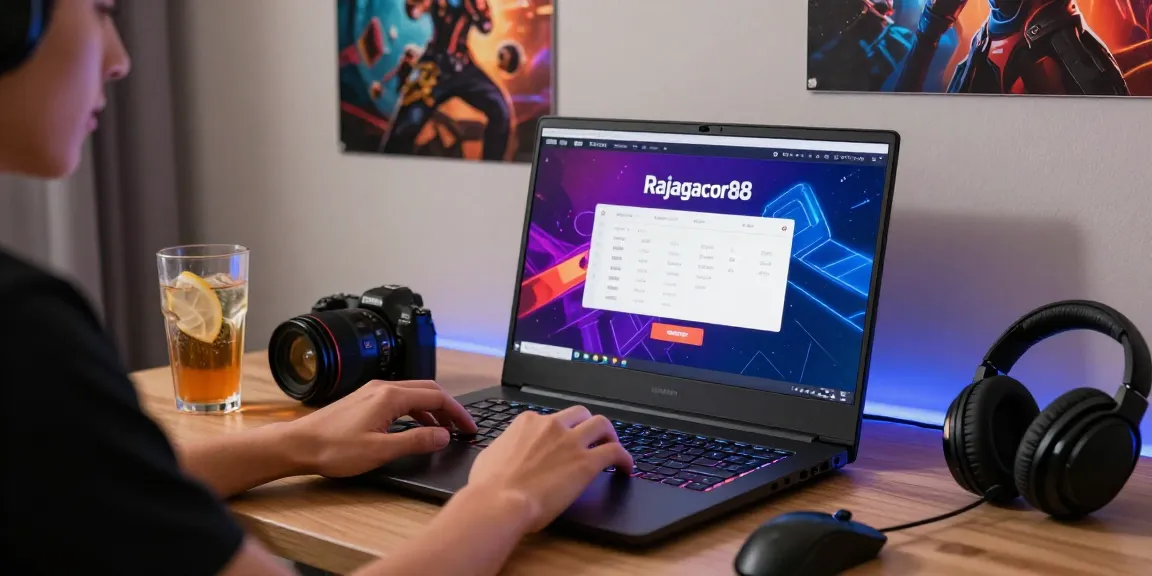 User engaging with Rajagacor88 online gaming platform on a laptop, vibrant atmosphere with gaming accessories.