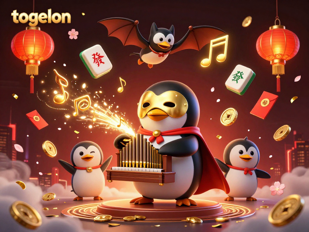 Experience the thrill of togelon as a penguin plays a golden coin organ, surrounded by festive elements.