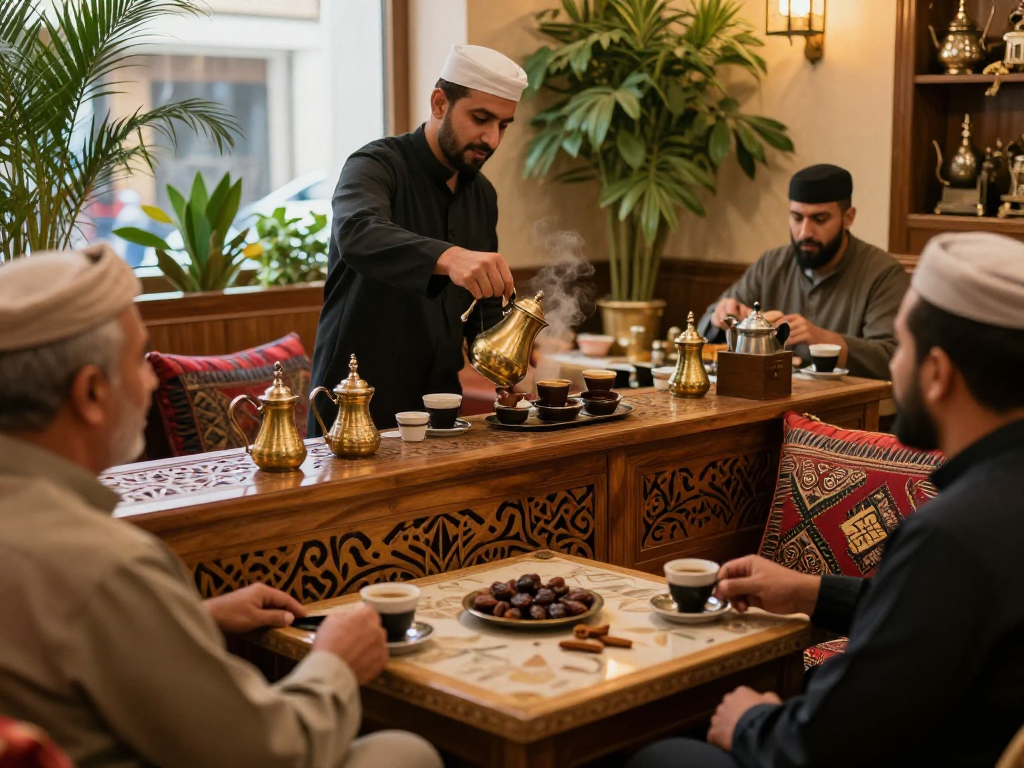 قهوجيين يقدمون القهوة في مقهى عربي تقليدي مع الزينة الدافئة والأجواء الترحيبية