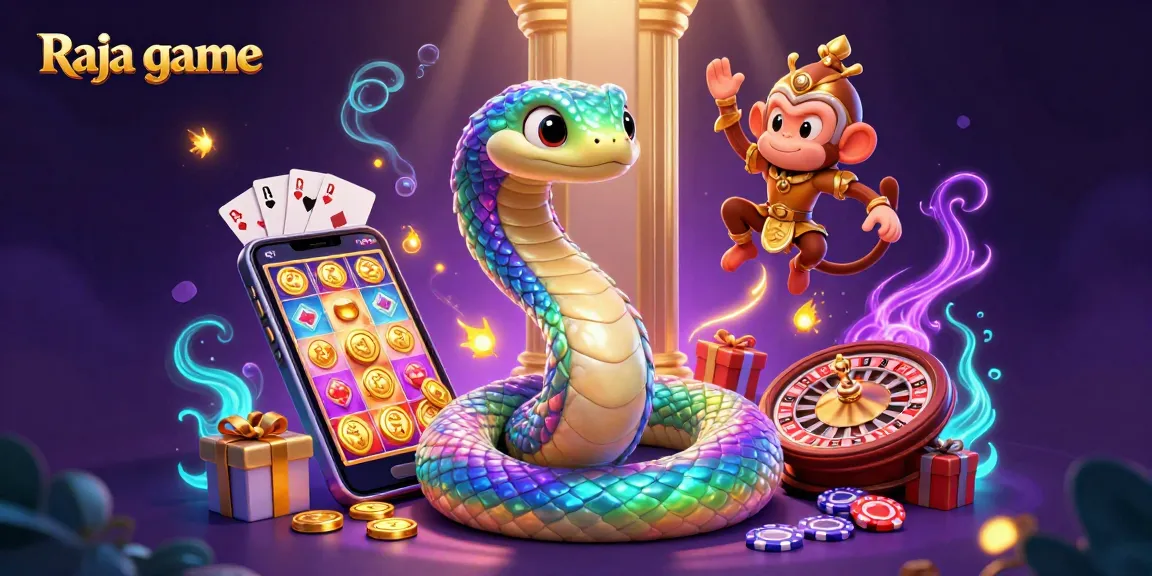 Spin the reels and win big with Raja game in this vibrant, dynamic gaming illustration featuring colorful elements.