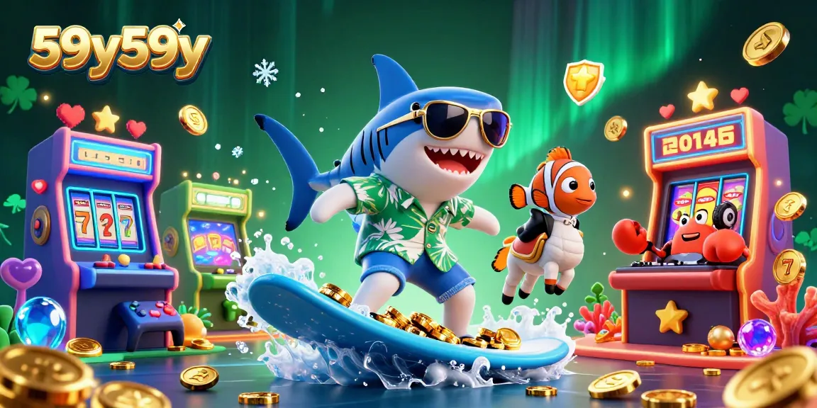 Ilustração 3D vibrante do tubarão 59y59y surfando em moedas de ouro em um cenário de cassino, revelando rolos de slots.