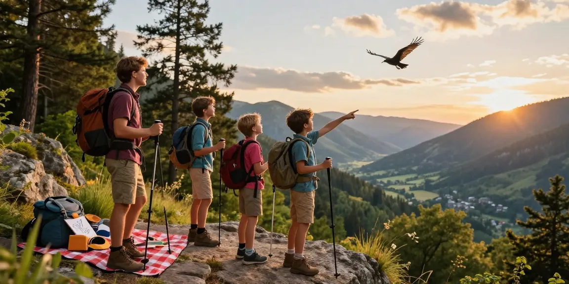 ThatMountainLife.com family enjoying a scenic view from a mountain overlook during a sunset hike.