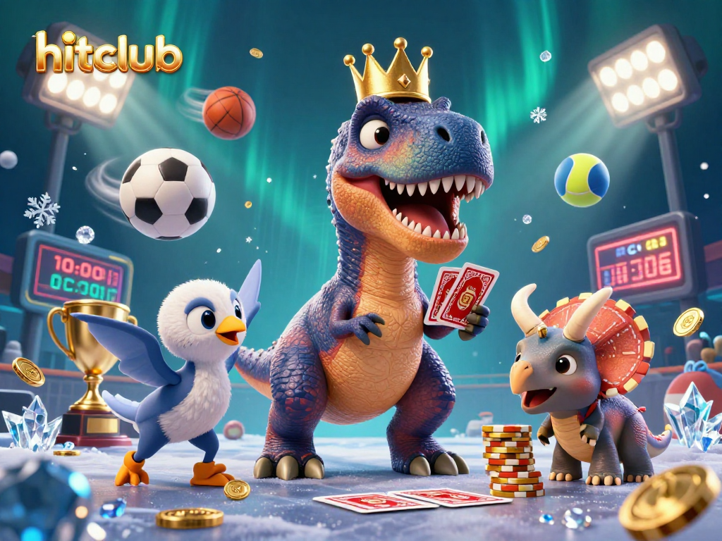 Hitclub showcases a vibrant sports betting scene with T-Rex shuffling cards and golden chips.