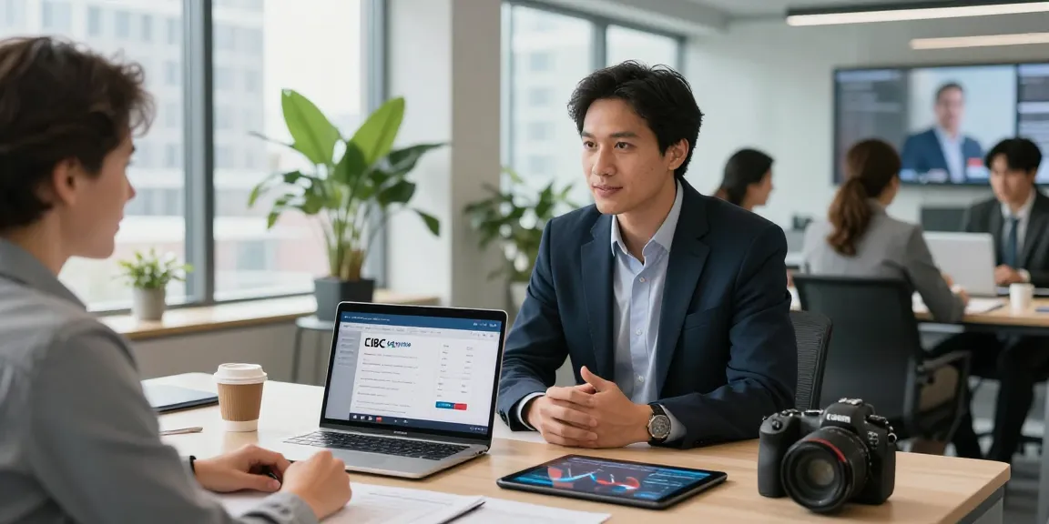 CIBC digital banking: Professional consultation in modern office with financial advisor and small business owner.