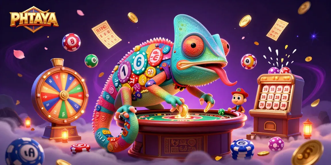 PHTAYA casino owner chameleon dynamically engages with lottery balls, tickets, and spinning prize wheel.