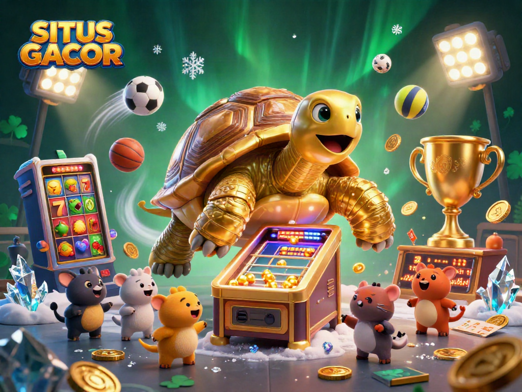 SITUS GACOR showcases thrilling slot gameplay with a giant tortoise pinball machine in a vibrant casino scene.