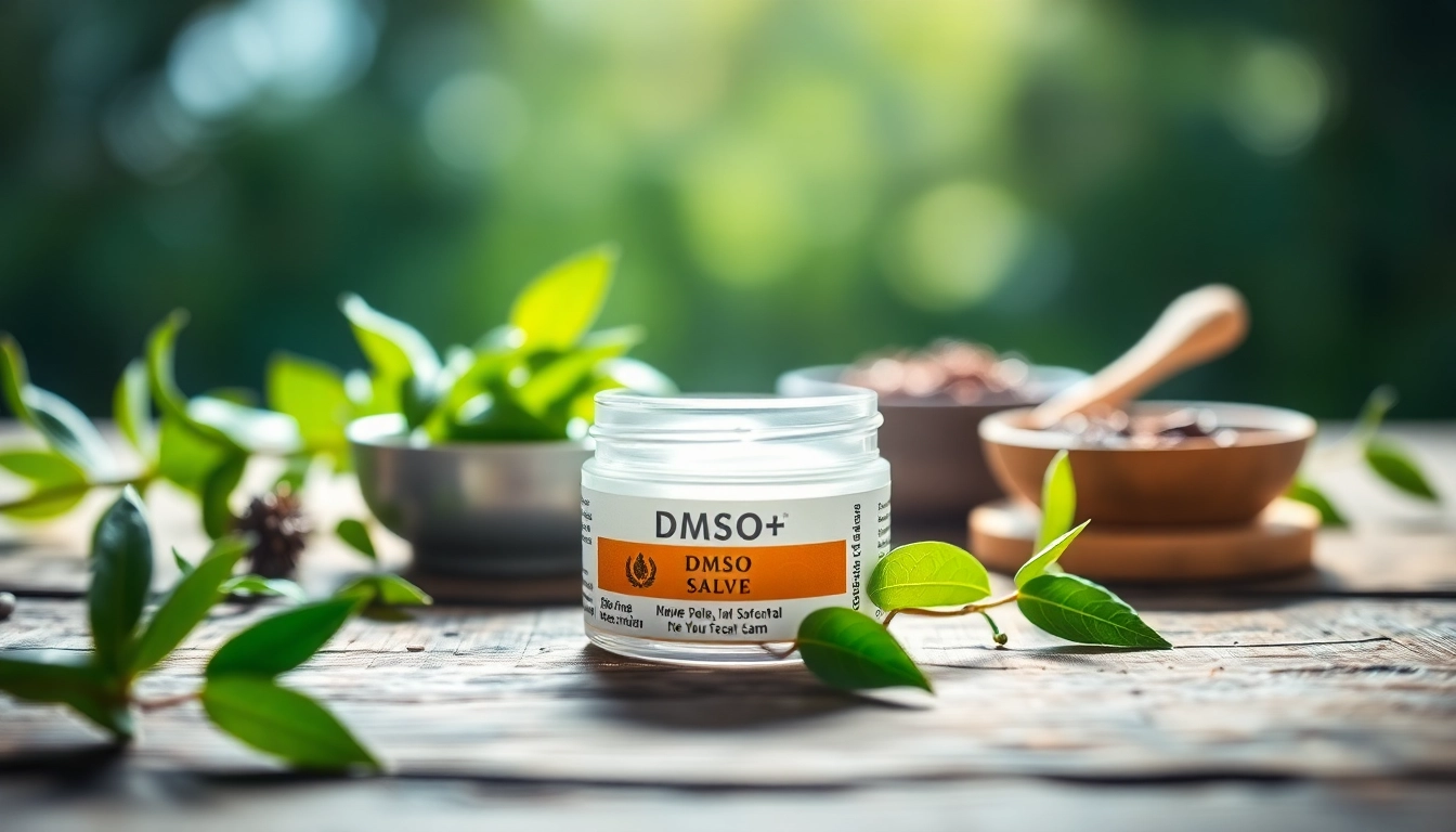 Apply dmso salve for relief; cream jar set against nature with herbs for a therapeutic feel.