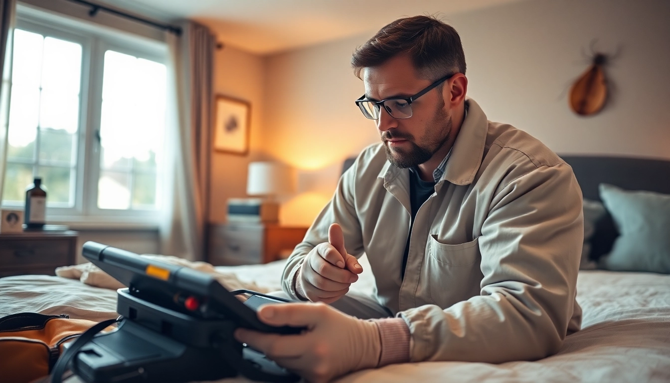Ensure effective bed bug control with a professional technician inspecting a cozy bedroom.