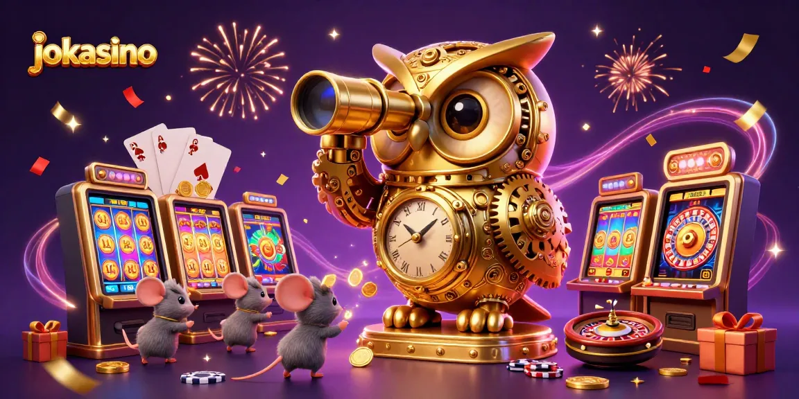 Experience jokacasino's enchanting atmosphere with a clockwork owl amidst vibrant gaming elements.