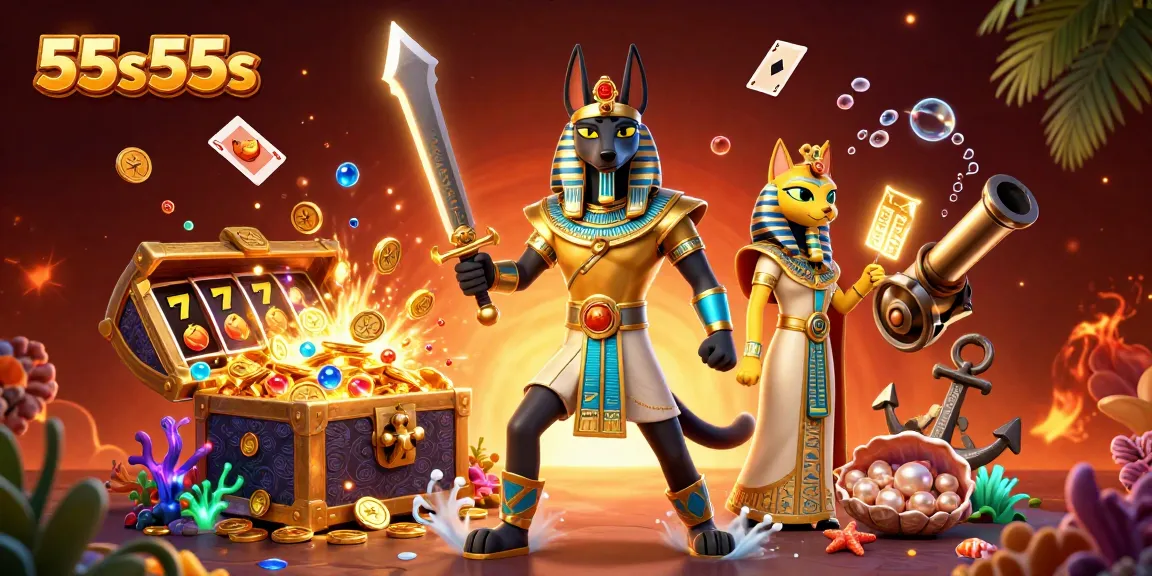Ilustração 3D vibrante do 55s55s mostrando Anúbis e Bastet em ação no cassino.
