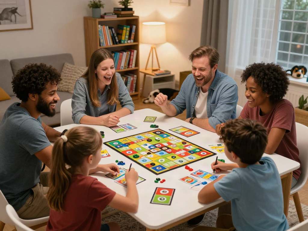 Engaging game night scene featuring diverse players enjoying board games at home, showcasing laughter and excitement.