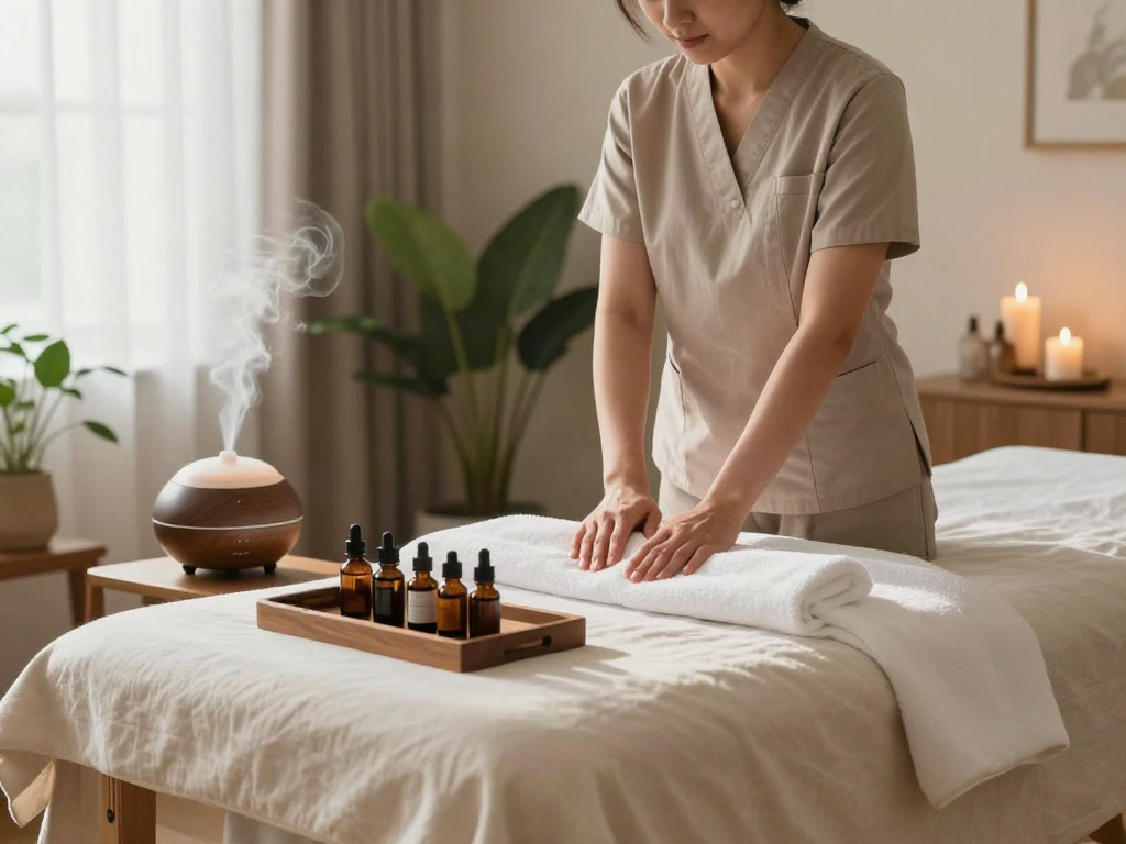 Elegant home spa setting for 출장안마 with a relaxing atmosphere and massage supplies.