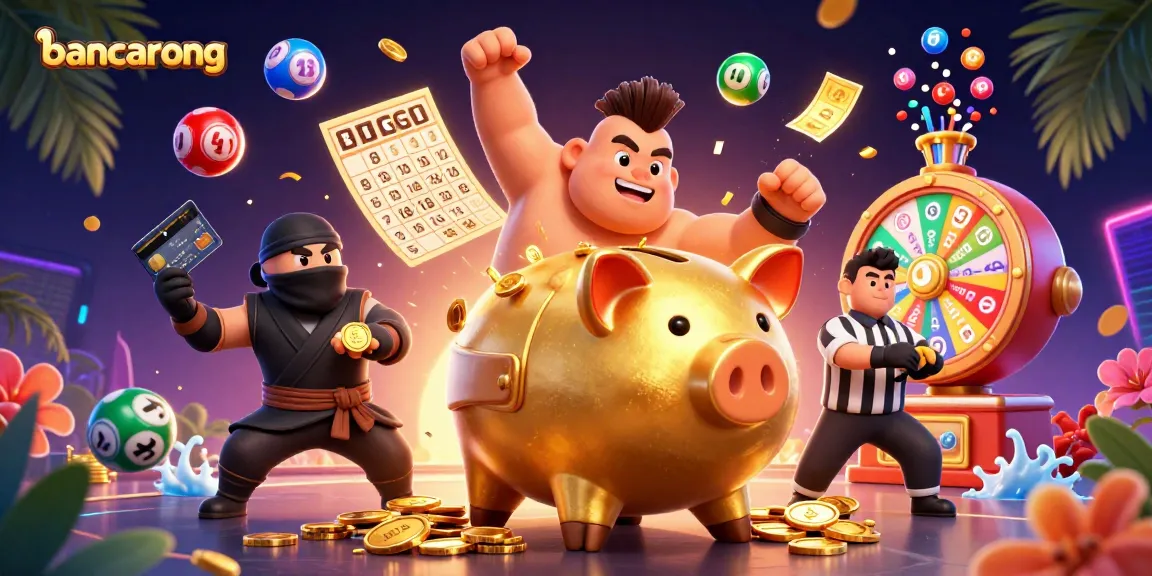 Engage in thrilling bancarong action with a golden piggy bank sumo wrestler and colorful lottery elements.