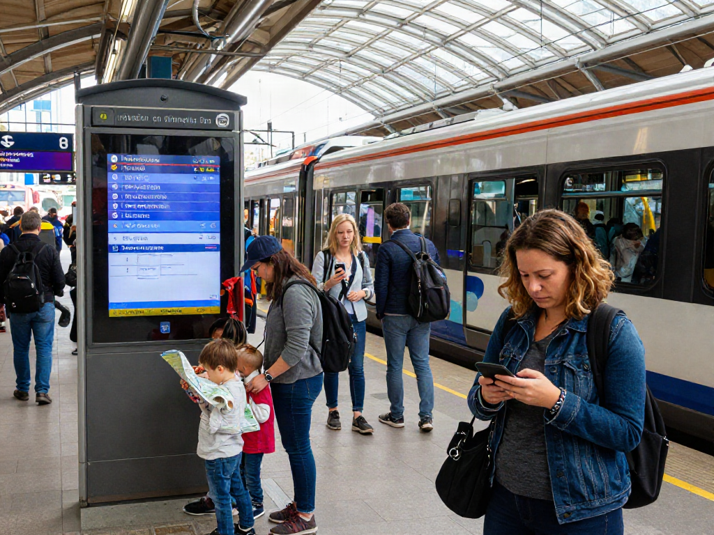Commuters at a busy train station checking transport delays on smartphones and digital displays