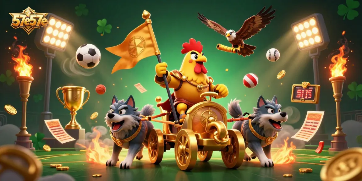 Visualização vibrante da cena de apostas com 57e57e, onde um galo guerreiro lidera em uma carruagem de ouro.