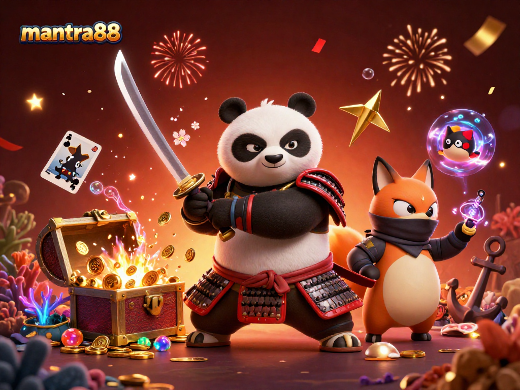Engage with mantra88's dynamic gaming scene featuring a samurai panda and ninja fox.