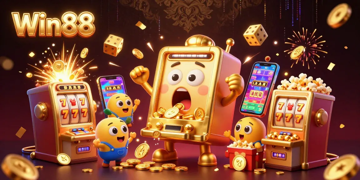 Win88 slot machine celebrates a jackpot with golden coins, while baby machines cheer in a vibrant casino scene.