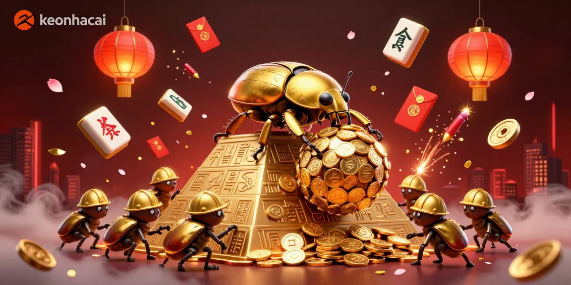 Experience thrilling keonhacai action as golden beetles roll coins amidst vibrant casino symbols and dynamic festive elements.