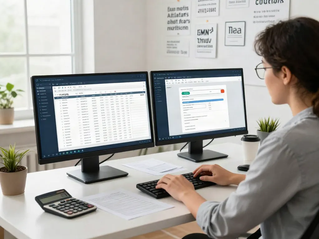 Tax preparer using software for starting a tax preparation business in a modern office.