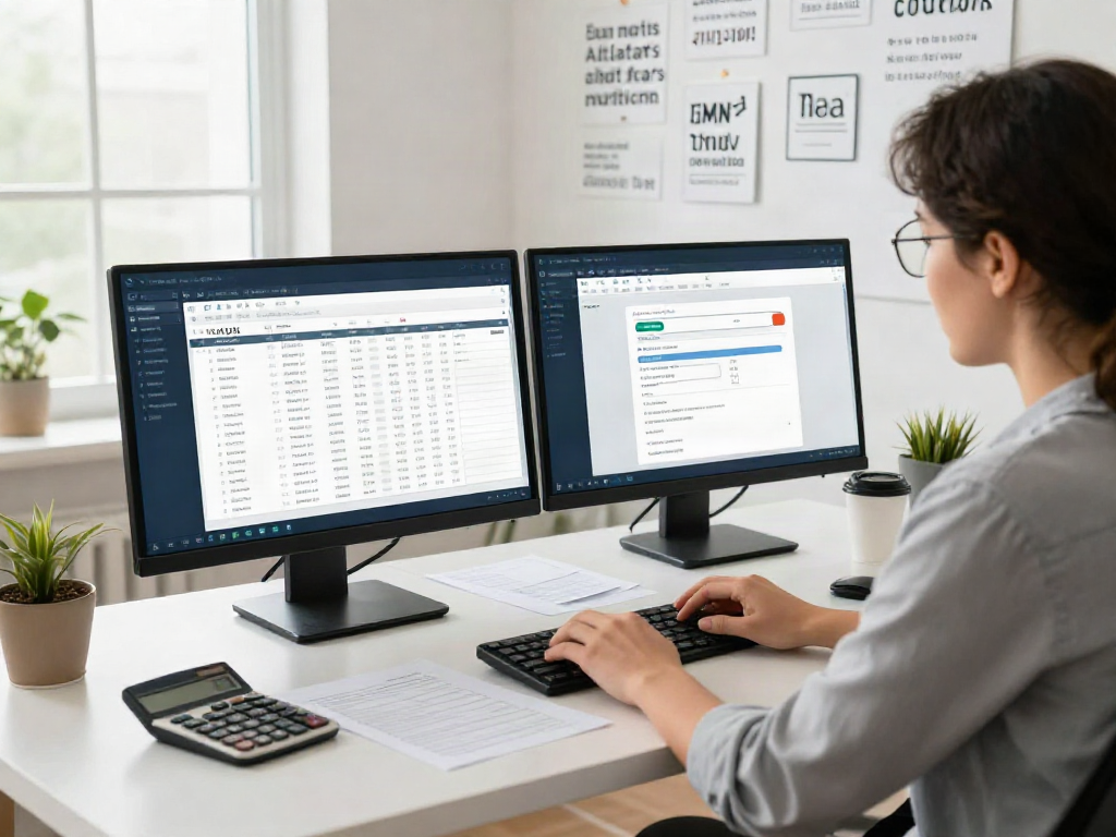Tax preparer using software for starting a tax preparation business in a modern office.