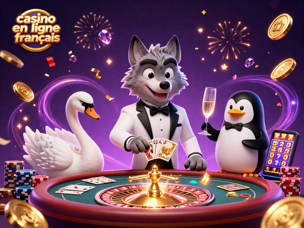 Profitez de l'excitation du casino en ligne français avec des personnages animés autour d'une table de baccarat.