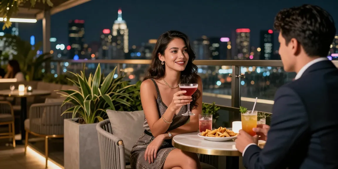 Gái gọi đang trò chuyện tại quán bar sang trọng với ánh đèn thành phố lung linh.
