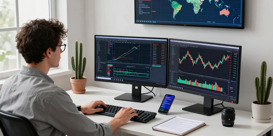 Developer analyzing currency pair historical Kline API data at a modern trading desk with dual monitors.