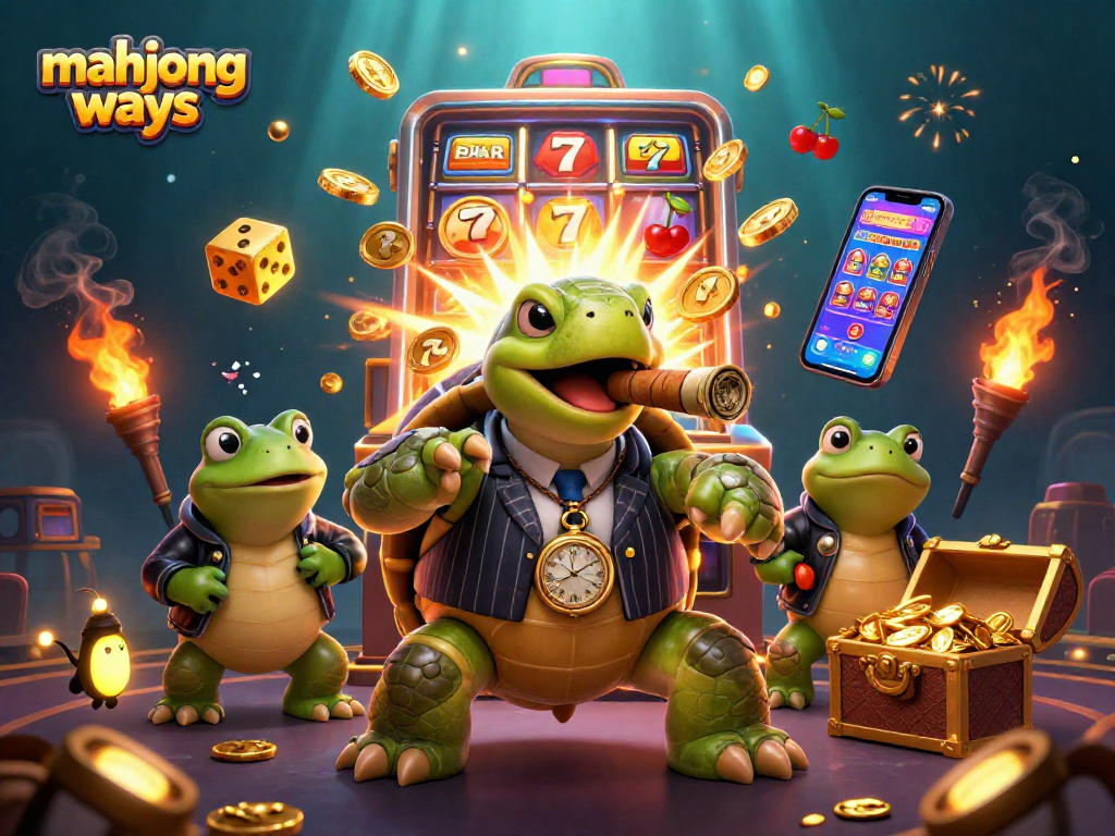 Menangkan mahjong ways dan jackpot dengan karakter unik di kasino, dikelilingi oleh mesin slot dan lampu.
