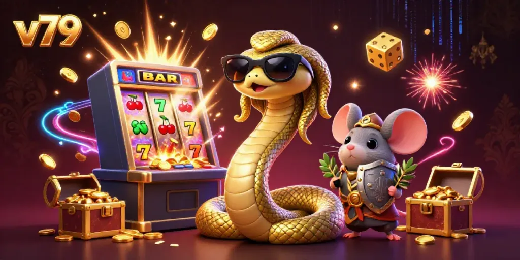 Experience the exhilarating energy of v79 with Medusa and a warrior mouse amidst slots and glowing coins.