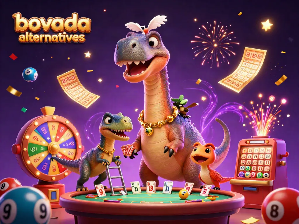 Engage with Bovada alternatives as a brontosaurus observes a poker game while a clever raptor deals cards.