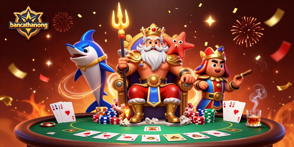 bancathanrong’s vibrant sea king Neptune surrounded by poker elements and celebration confetti in an engaging casino scene