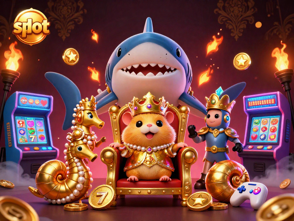Slot online dengan raja hamster emas di kursi gigi hiu, simbol jackpot dan mesin arcade berwarna-warni.