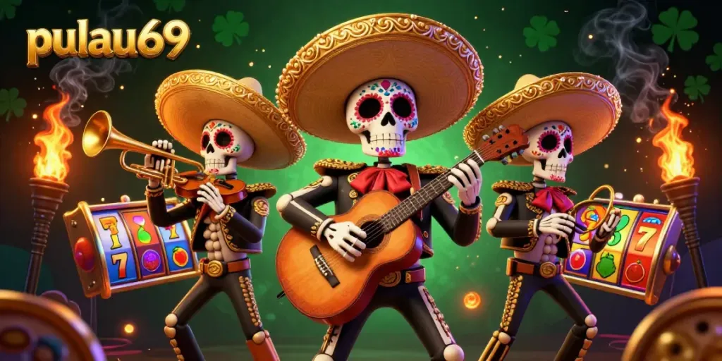 Engage with pulau69's colorful slot reels and mariachi band in a vibrant casino scene.