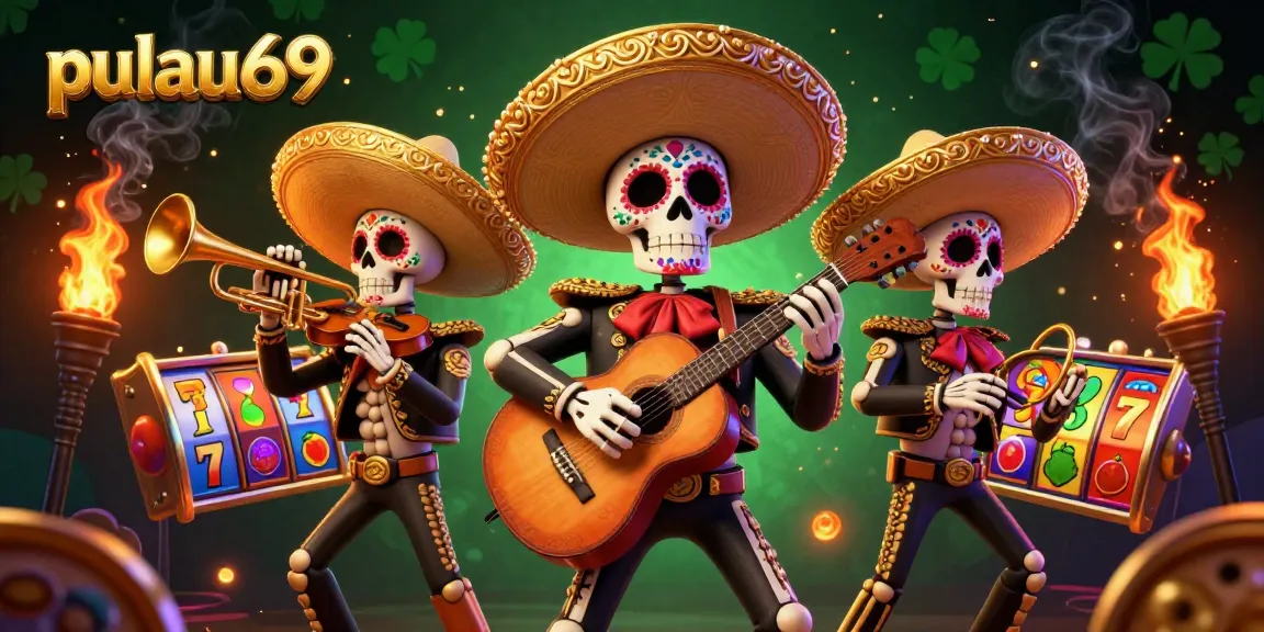 Engage with pulau69's colorful slot reels and mariachi band in a vibrant casino scene.