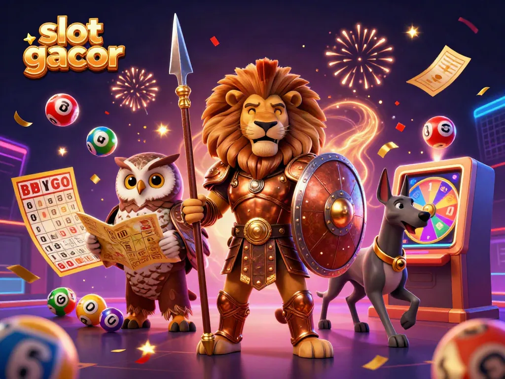 Engage with the dynamic slot gacor scene featuring a Spartan lion, wise owl, and greyhound amidst vibrant casino elements.