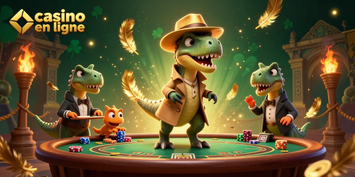 Jouez à un casino en ligne avec une illustration amusante mettant en scène un vélociraptor en train de compter les cartes.