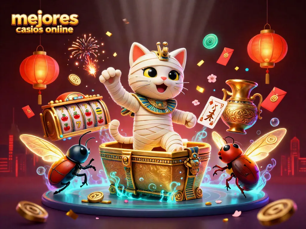 Disfruta los mejores casinos online en una escena vibrante con un gato momia y símbolos dorados.