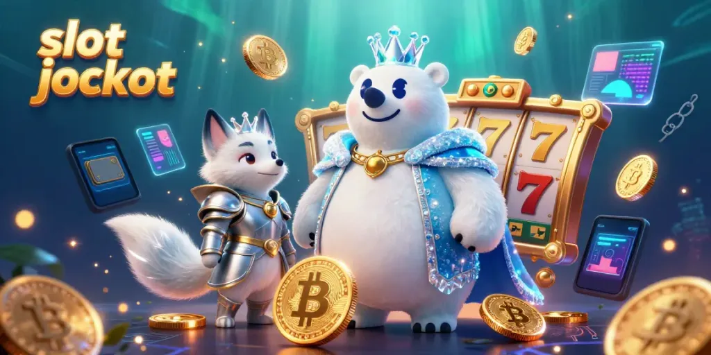 Experience thrilling slot jackpot action with our 3D cartoon polar bear king and fox companion surrounded by vibrant casino elements.