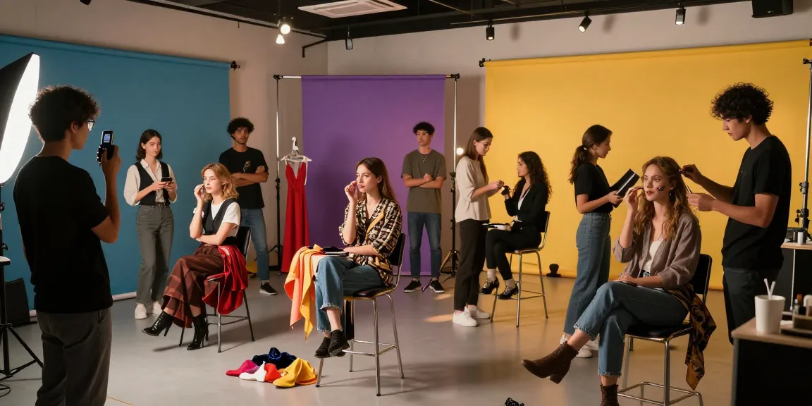 Scene featuring actors and actresses preparing for a سكس مصري production in a vibrant studio setting.