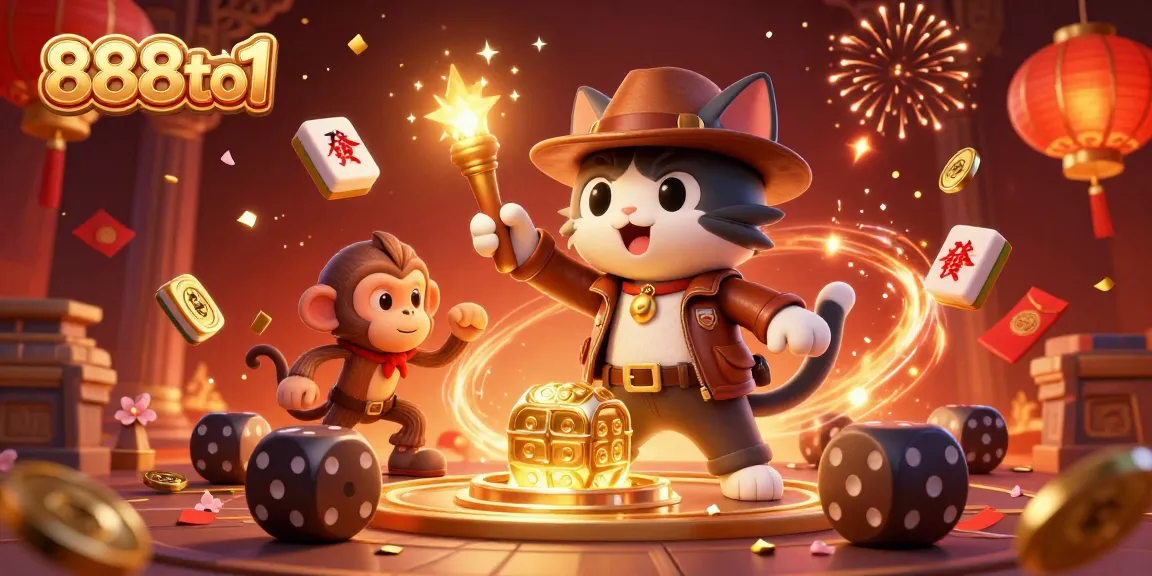 Experience thrilling gameplay with 888to1 as the explorer cat uncovers treasures in a vibrant casino scene.