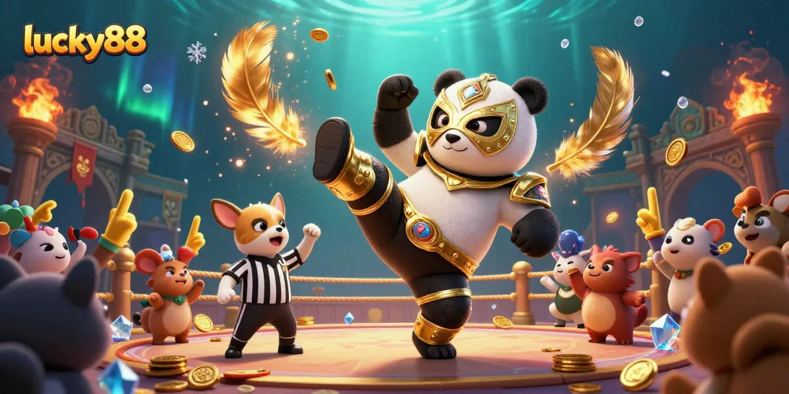 Experience lucky88's exciting gameplay with a panda wrestler and animal fans cheering.