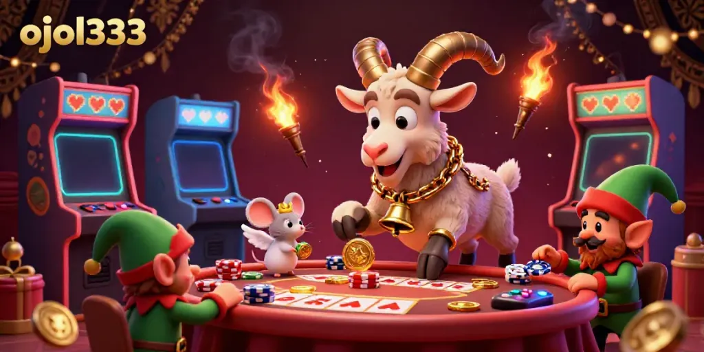 Experience the enchanting ojol333 casino atmosphere as festive characters engage in lively gameplay.