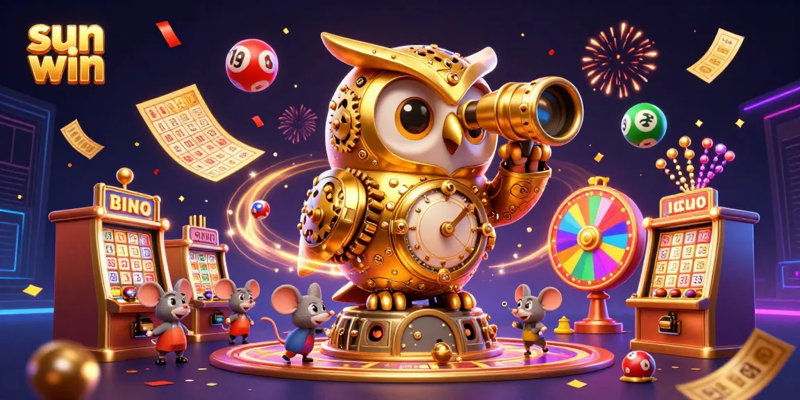 Experience the thrill of sun win as a golden owl surveys a vibrant casino scene with dynamic lottery elements.