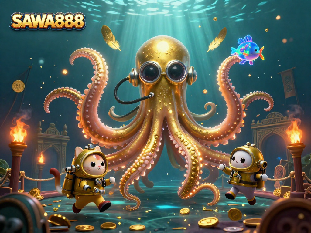 Engage in thrilling gameplay with SAWA888, featuring colorful golden kraken and diving cat in a vibrant casino scene.
