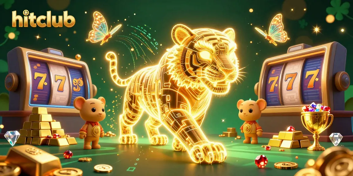 Experience hitclub's exciting slot games with a vibrant 3D casino illustration full of energy.