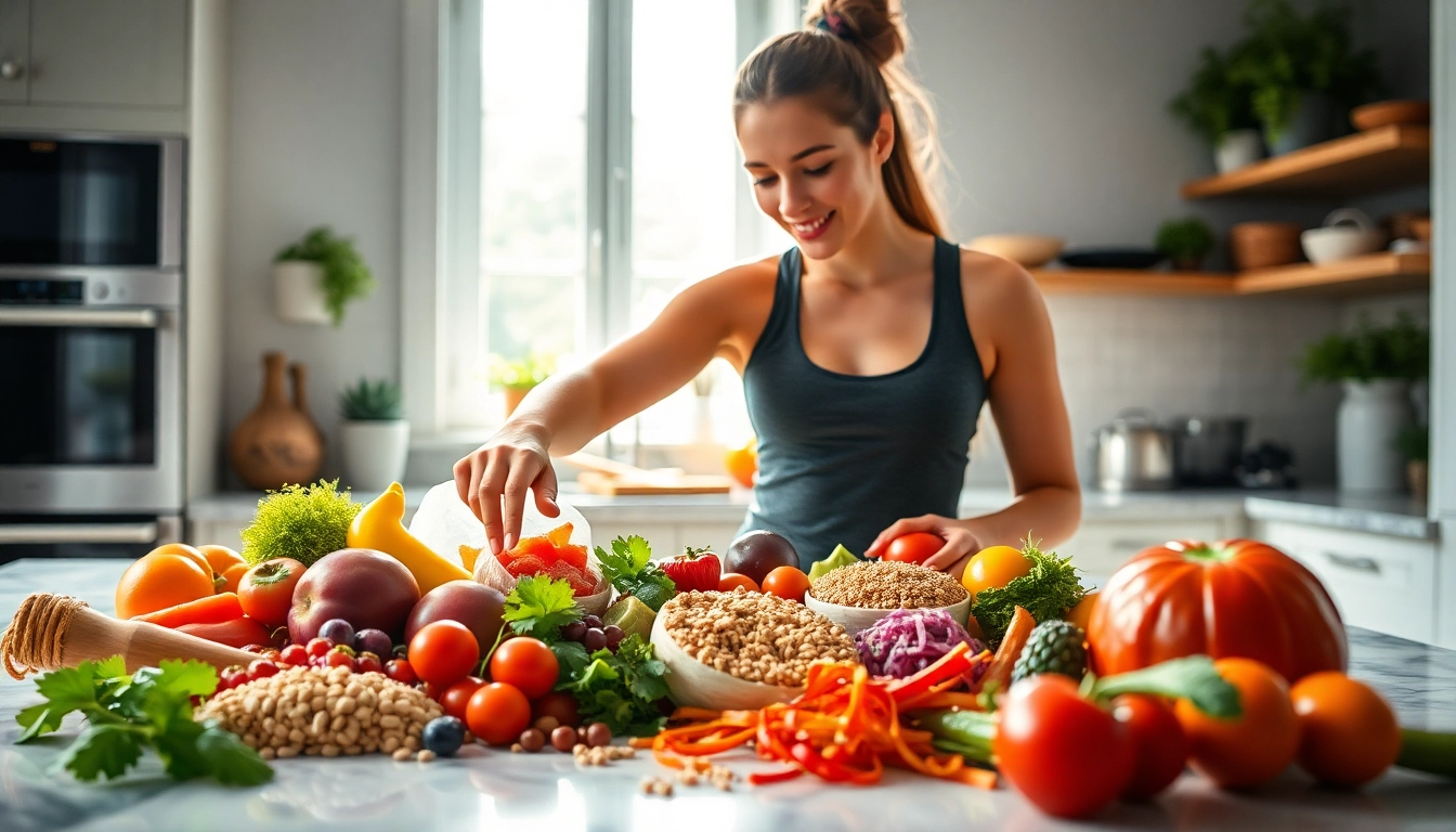 Showcasing Fitness and Nutrition meal prep with vibrant ingredients on a kitchen countertop.