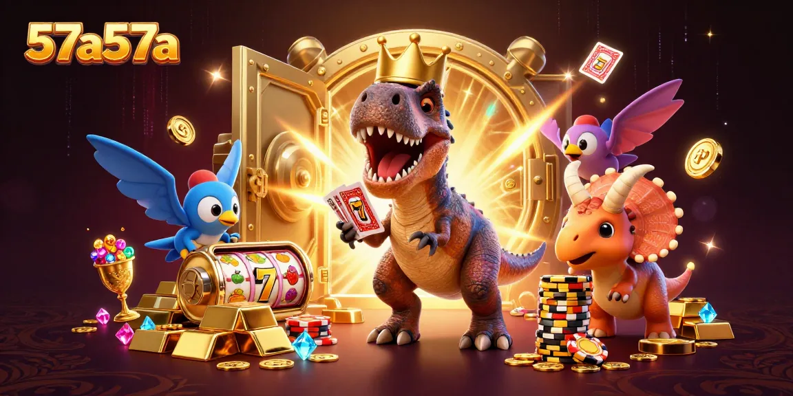 57a57a showcases a fun 3D T-Rex card shuffling scene with vibrant casino elements.