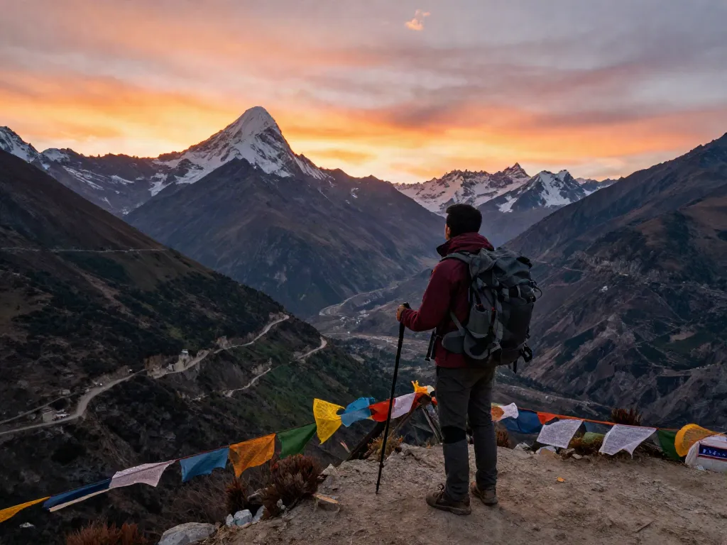 Manaslu Circuit trekker enjoying panoramic views of rugged peaks at sunset, showcasing the Himalayan adventure.